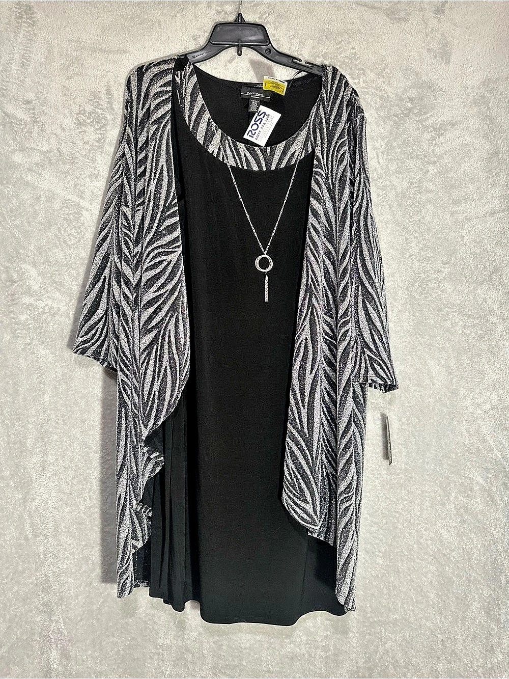 R&M Richards Metallic Zebra Print 2-Piece Dress Set Black & Silver 16W NWT